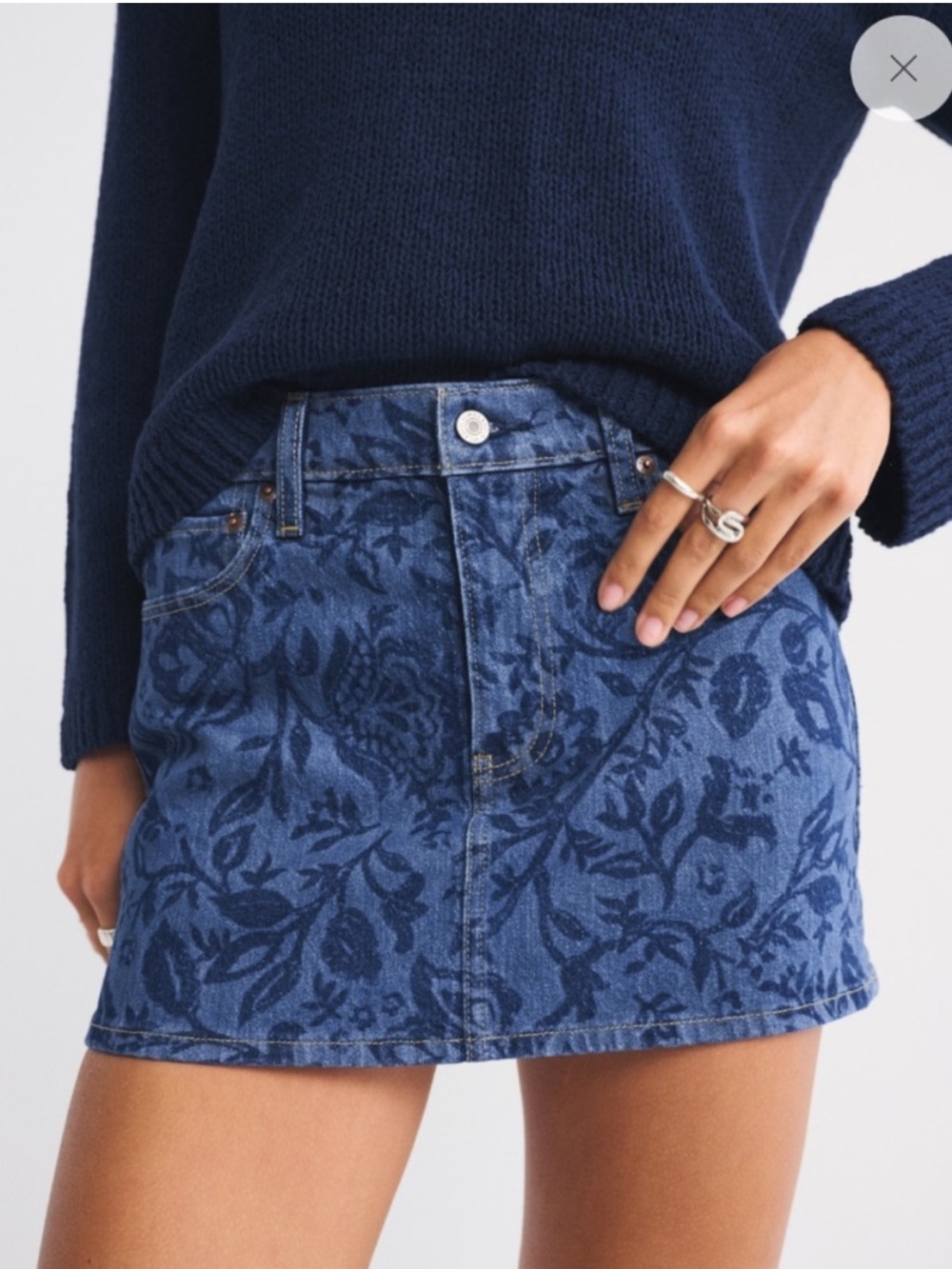 Denim Floral A-Line Mini Skirt - Blue